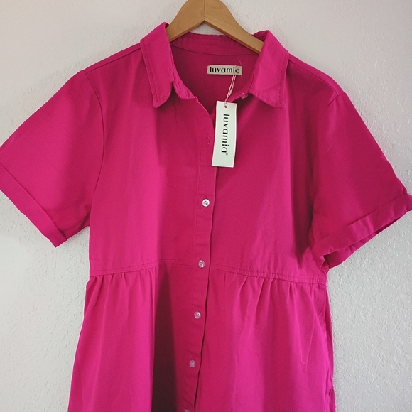 Denim midi shirt dress short sleeve button down tiered style. XL relaxed fit. - Picture 6 of 12